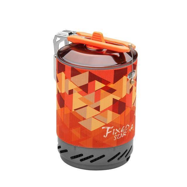Portable outdoor camping stove with heat exchanger pot, ready for wilderness adventures.