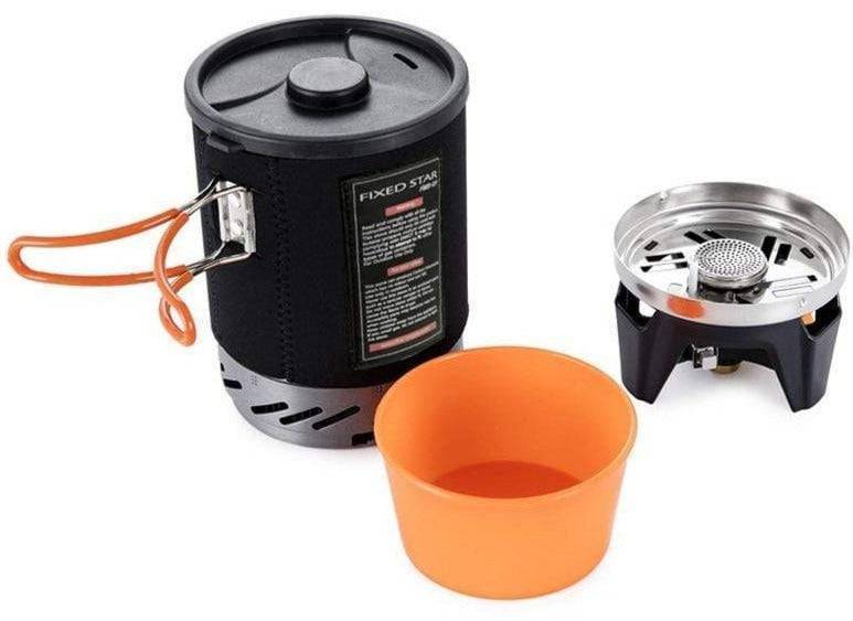 Portable camping stove with heat exchanger pot system, ideal for backpacking & outdoor cooking
