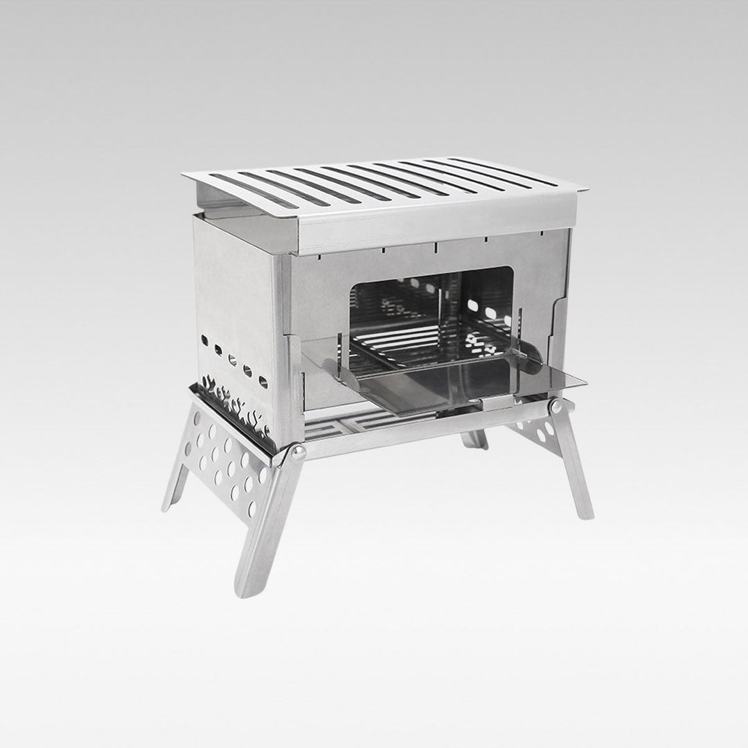 Portable camping wood stove, lightweight for outdoor cooking & grilling, ideal for backpacking & survival.