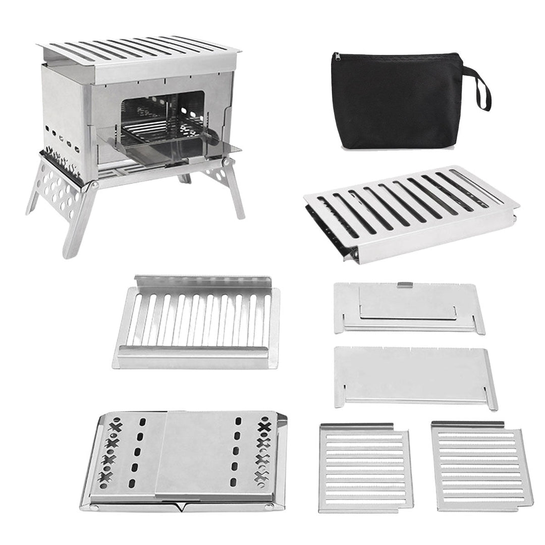 Durable metal portable wood stove with intricate design, ideal for efficient outdoor cooking and grilling.