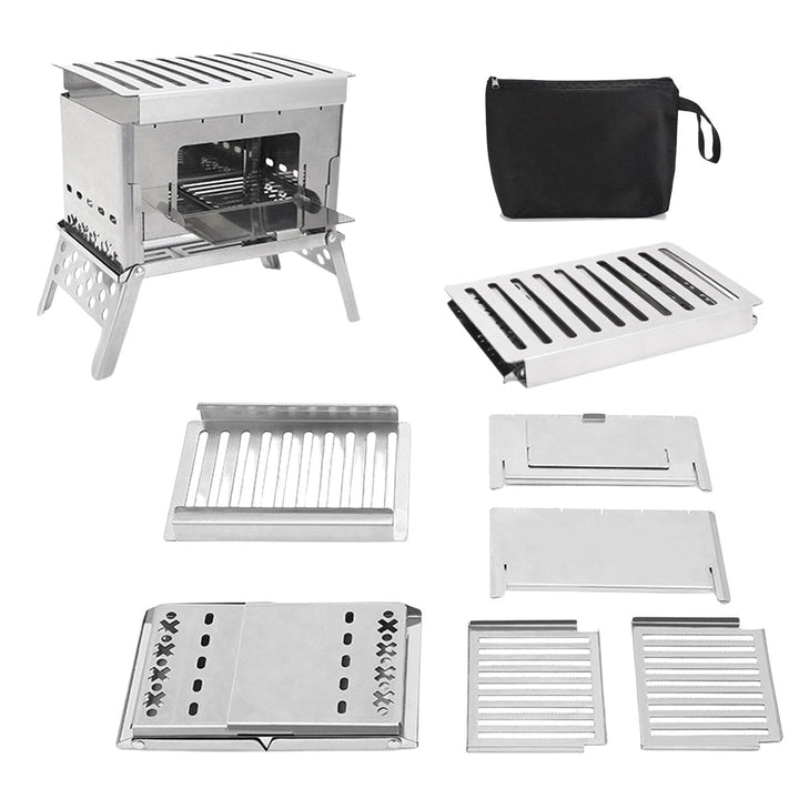 Durable metal portable wood stove with intricate design, ideal for efficient outdoor cooking and grilling.