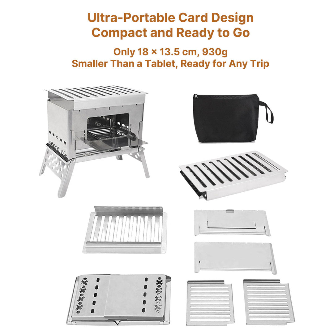 Compact wood burning camp stove with side panels, perfect for outdoor cooking, BBQ, and picnics.
