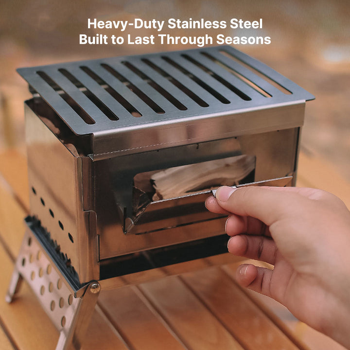 Lightweight portable wood stove, disassembled for easy transport, essential for camping and backpacking.