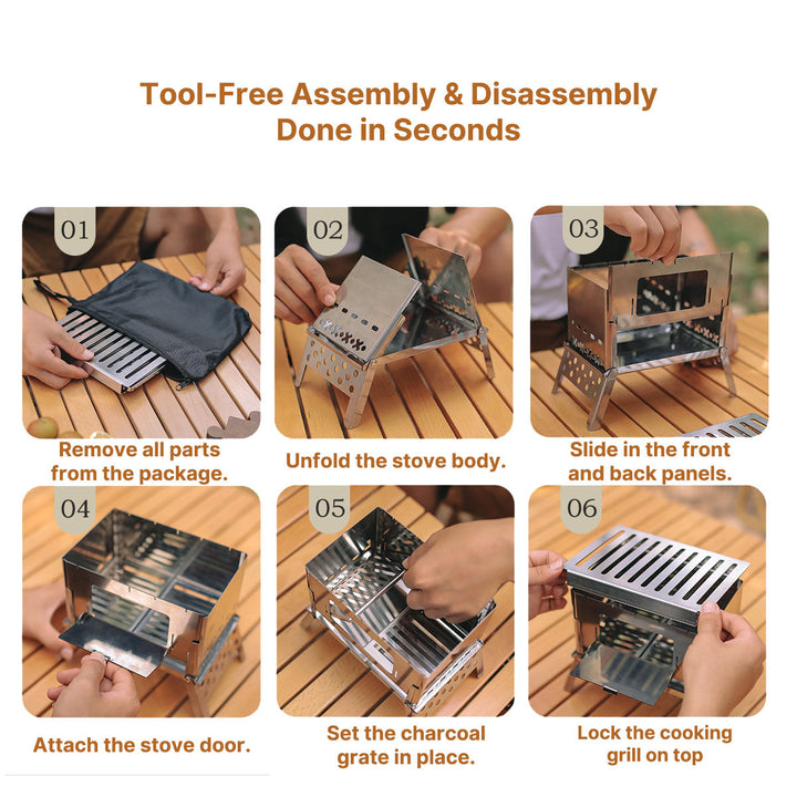 Outdoor cooking grill attached to a portable wood burning stove, a versatile camping and survival gear.