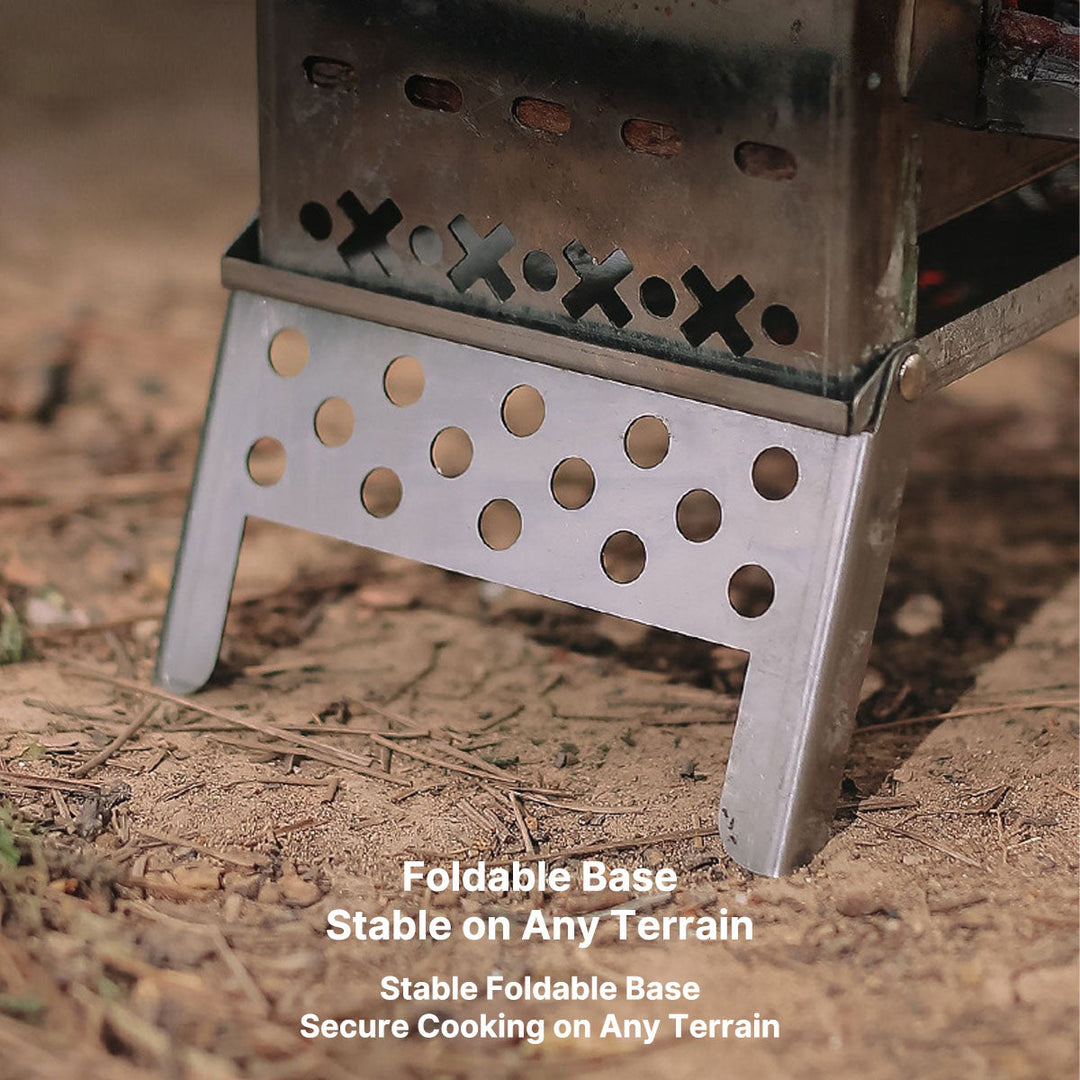 Top-down view of a portable camping wood stove, highlighting its grill for outdoor cooking and BBQ.