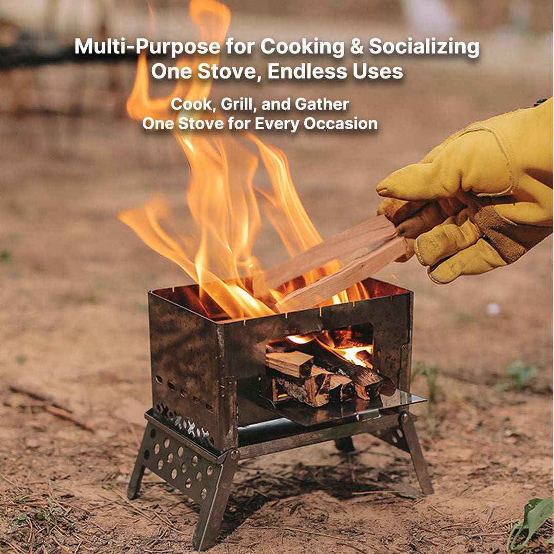 Backpacking wood stove, showing its compact size next to other camping essentials for easy portability.