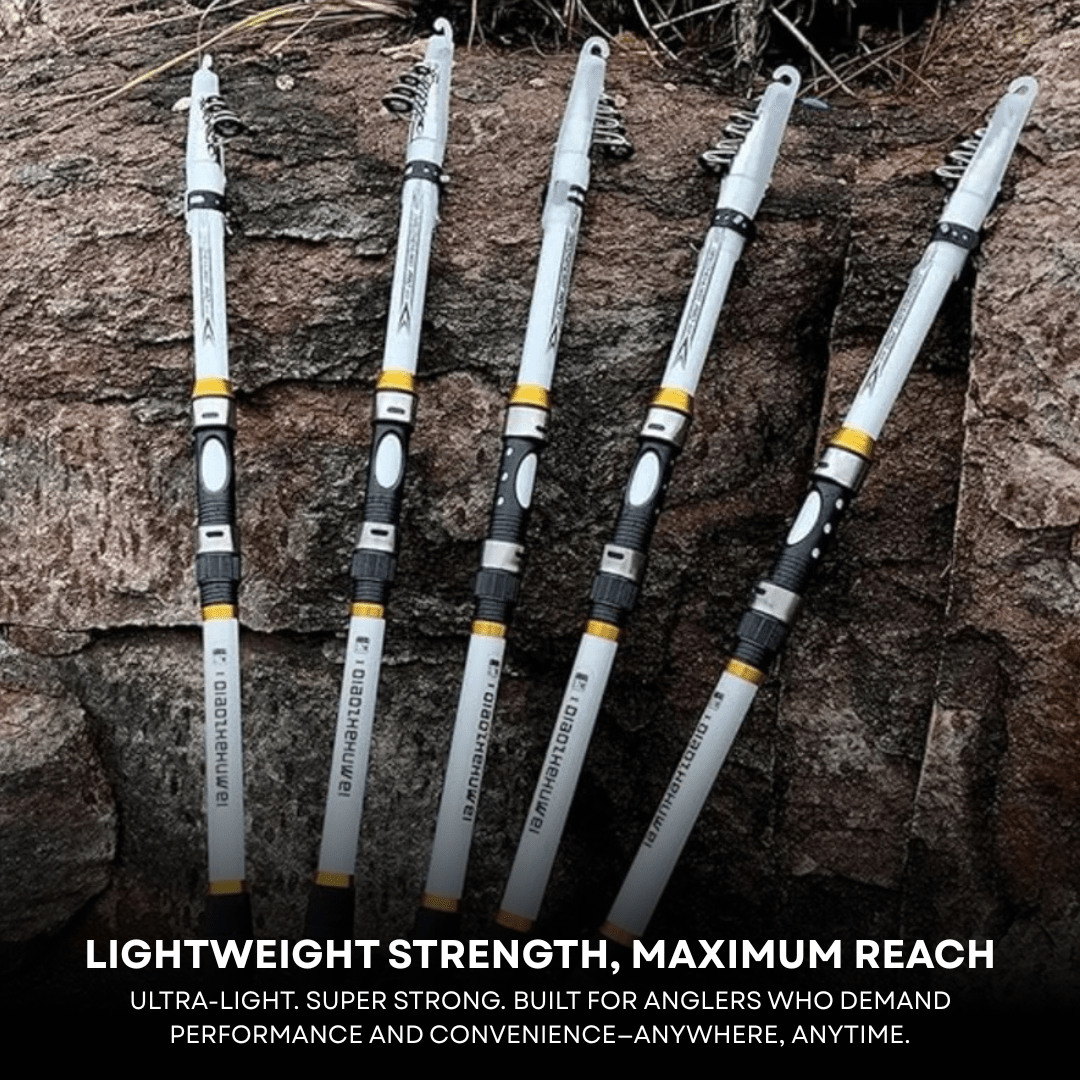 Compact telescopic carbon fiber fishing rod, ideal for camping and portable predator fishing gear.