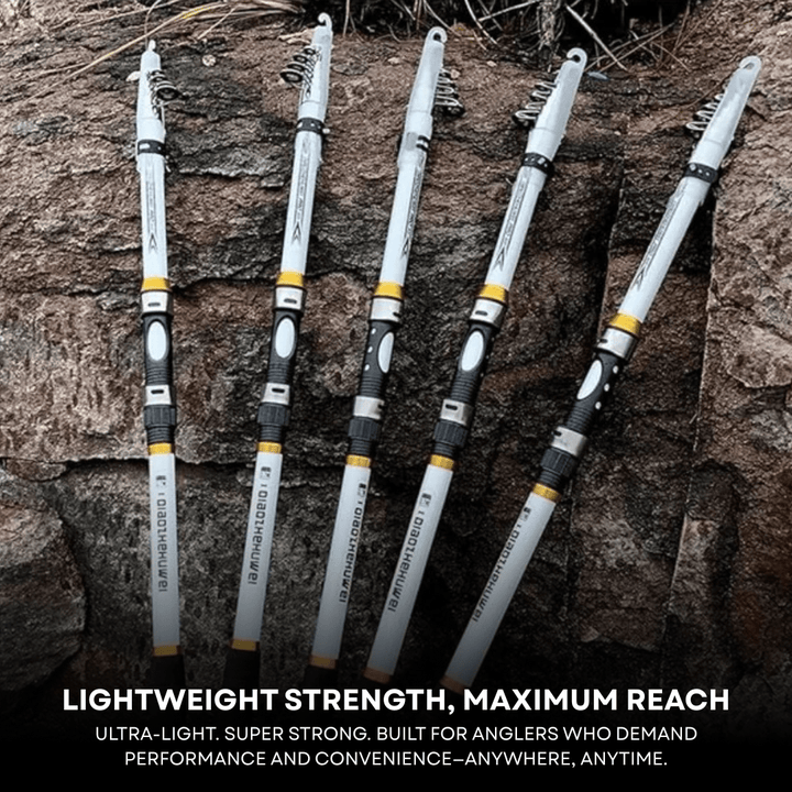 Compact telescopic carbon fiber fishing rod, ideal for camping and portable predator fishing gear.