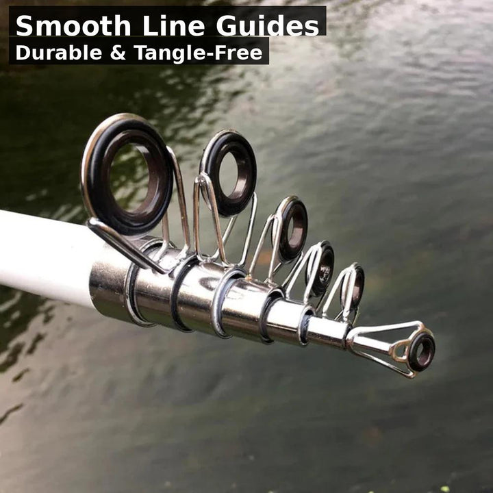 Fully collapsed carbon fiber telescopic fishing rod, demonstrating its compact and portable design.