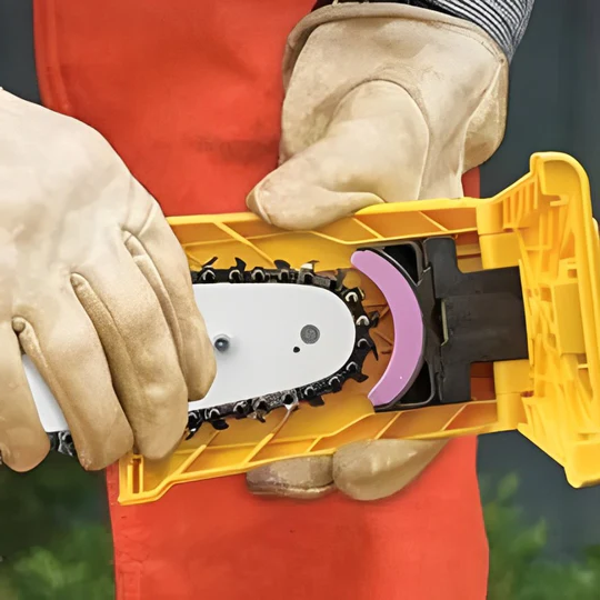 Portable chainsaw teeth sharpener for fast, easy chain sharpening outdoors.