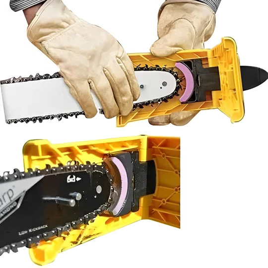 Man using a portable chainsaw sharpener to maintain saw chains easily.