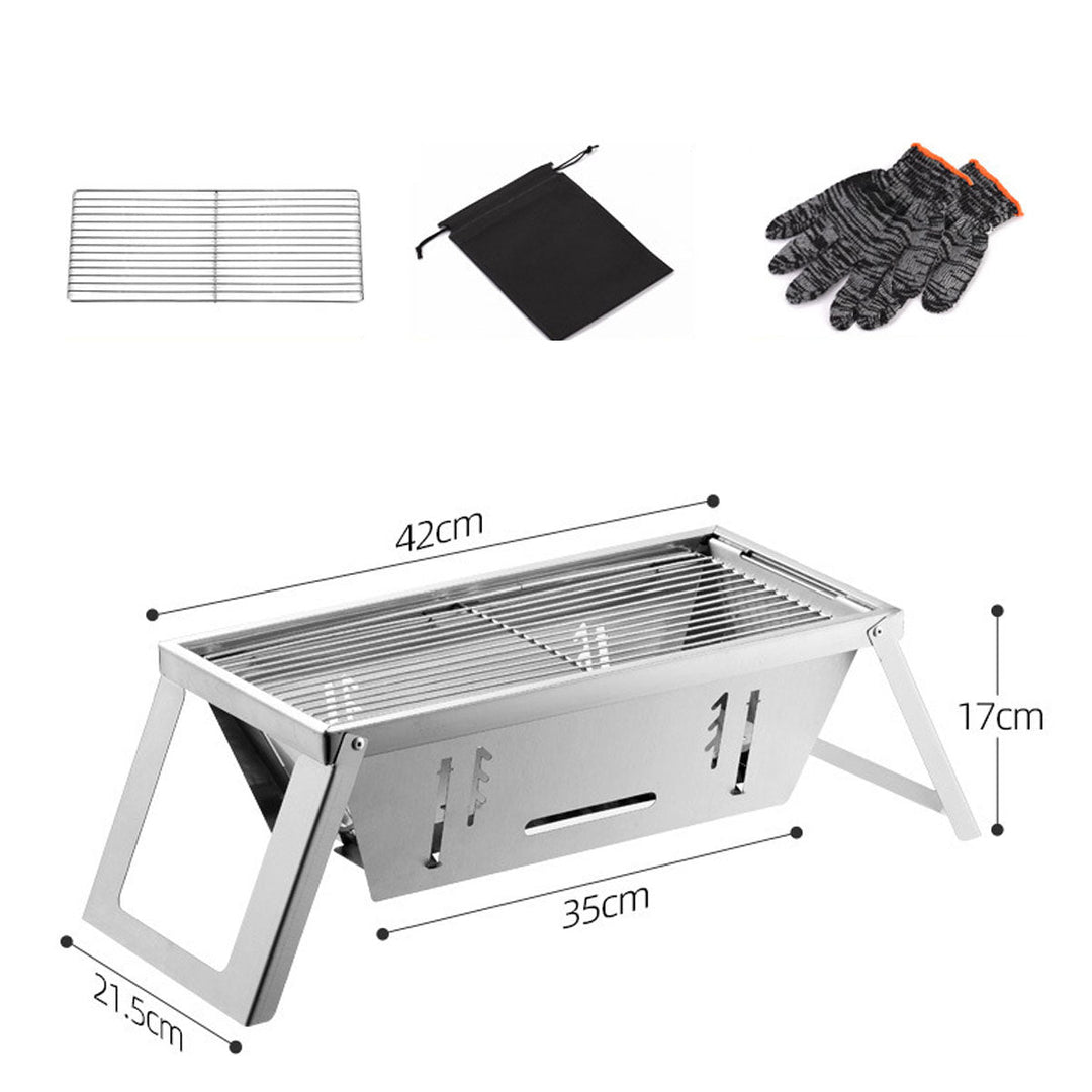 Foldable portable charcoal grill, sturdy stainless steel for durable outdoor BBQ cooking.
