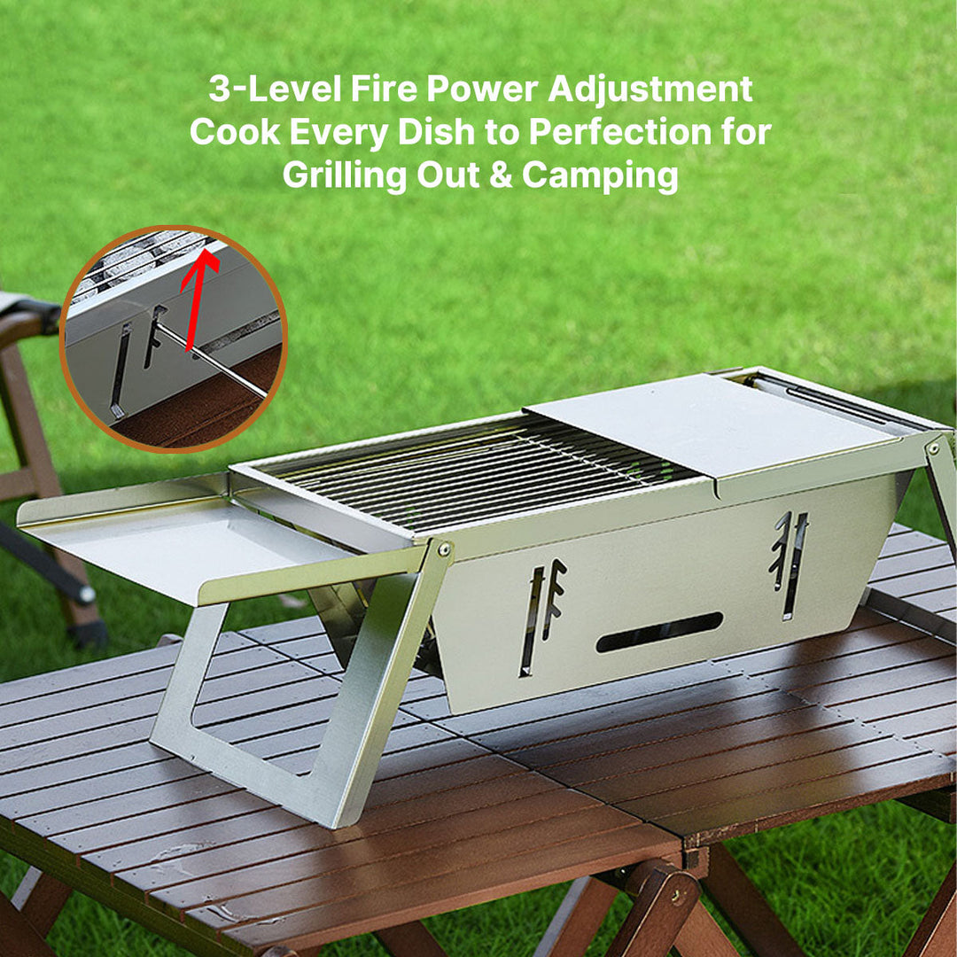 Portable foldable charcoal BBQ, ideal for outdoor cooking at picnics, camping, and tailgating.