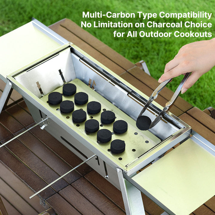 Outdoor cooking charcoal BBQ, portable and ultra-thin for convenient camping and picnic use.