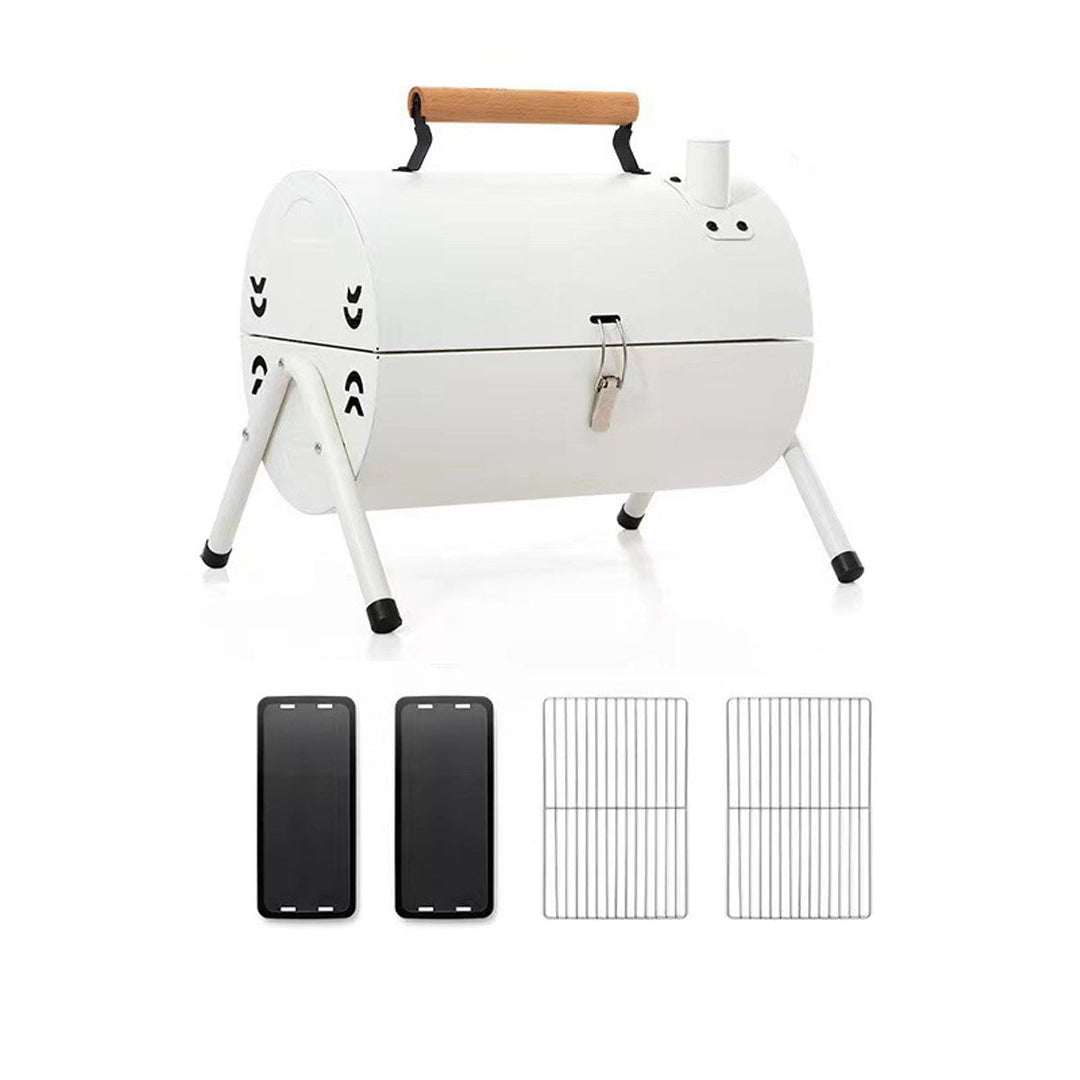 Folding travel charcoal grill with baking pan, ensuring versatile outdoor cooking options.