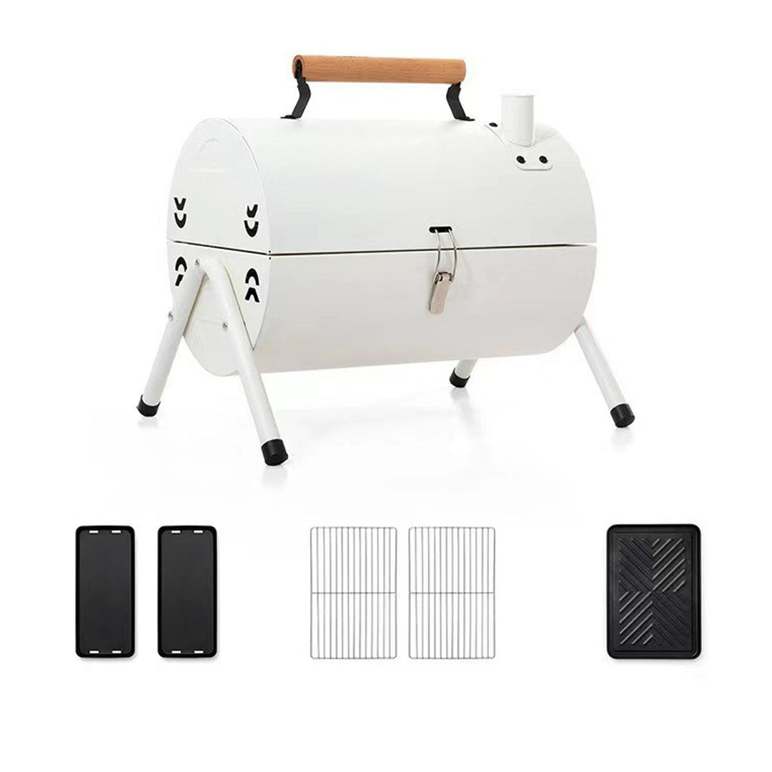Compact charcoal BBQ grill, designed for easy transport and efficient camping cooking.