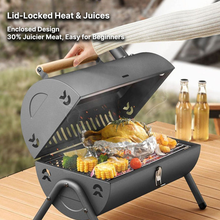 Folding charcoal grill for camping, showcasing its portability and durable design.