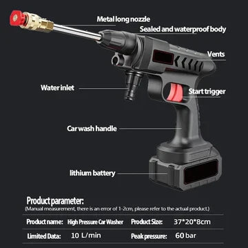 Battery-powered high-pressure foam sprayer gun for cordless car washing. Portable cleaner for quick and easy vehicle care.
