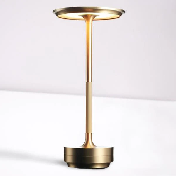 Rechargeable metal desk lamp with touch control, ambient lighting, and sleek modern design.