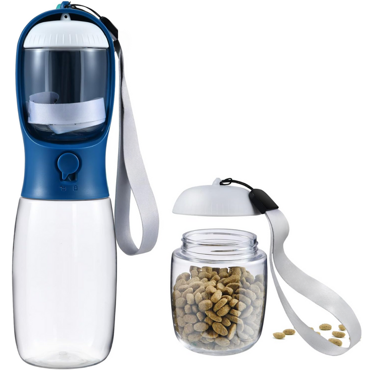 Compact pet water bottle & food container, perfect for dog walking, hiking, and travel. Pet hydration.