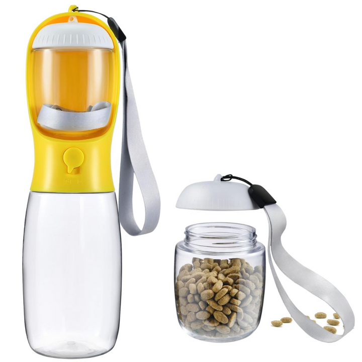 All-in-one portable dog water bottle with food compartment. Essential pet travel accessory & supply.