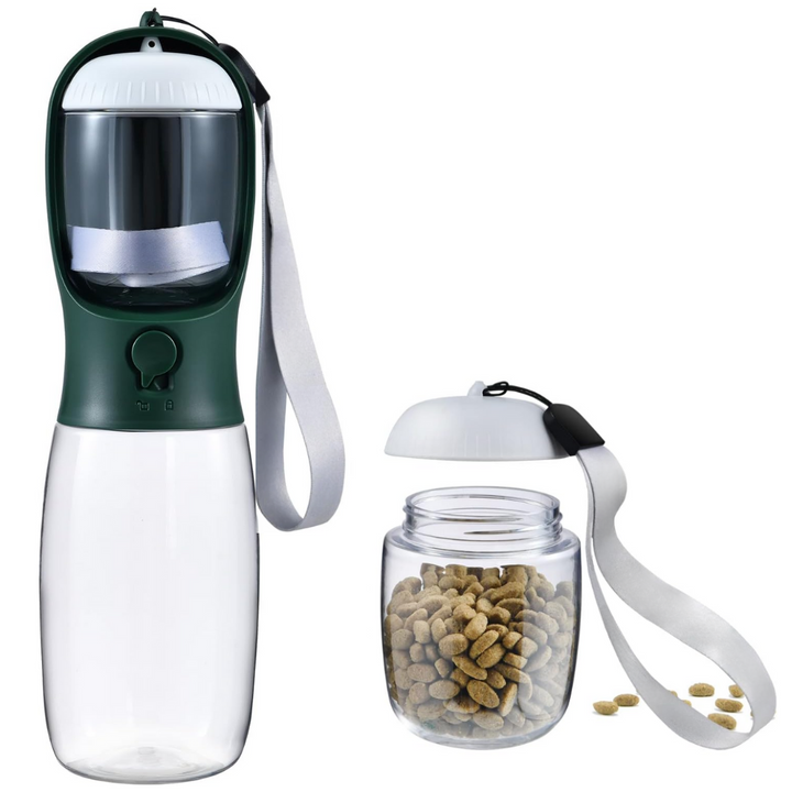 Travel-friendly dog water bottle & food container. Portable pet supplies for active dogs and owners.
