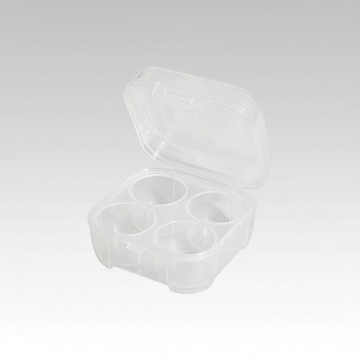Portable egg storage box for camping, 6-egg capacity, durable plastic, outdoor cooking gear.