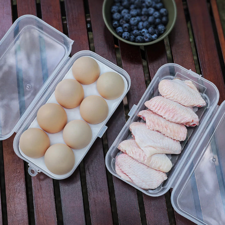 Rugged outdoor egg box, blue, 6-egg capacity, essential for camp kitchen organization.