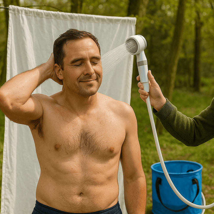Portable electric outdoor shower for camping, adjustable pressure, travel-friendly