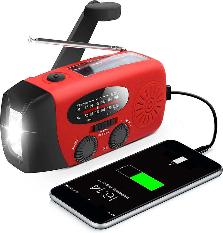 Portable emergency solar hand crank radio with NOAA alerts, ideal for survival gear and disaster preparedness.