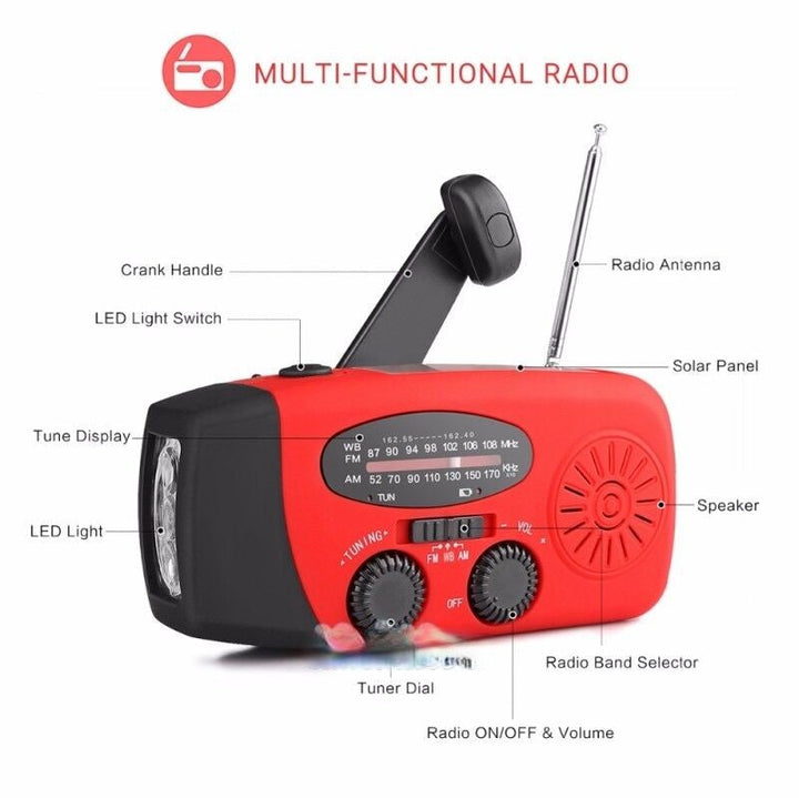 Grab-and-go emergency radio featuring solar, crank, NOAA alerts, and a power bank for devices.