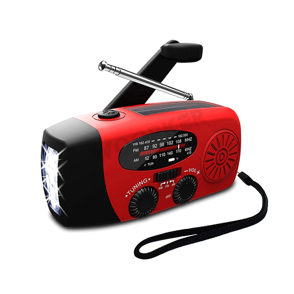 Compact portable emergency radio, solar and hand crank, with NOAA weather and LED flashlight.