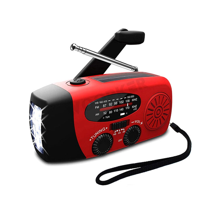 Compact portable emergency radio, solar and hand crank, with NOAA weather and LED flashlight.
