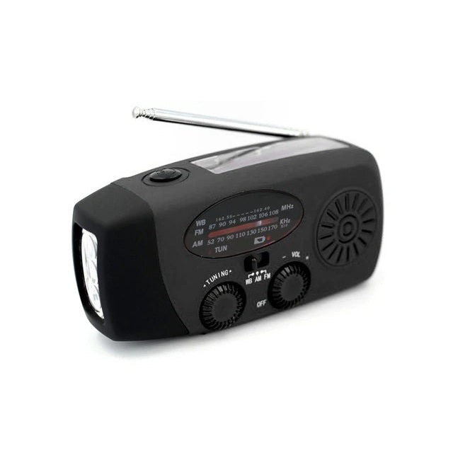 Reliable survival gear: Emergency radio, solar and hand crank charging, NOAA alerts, power bank.