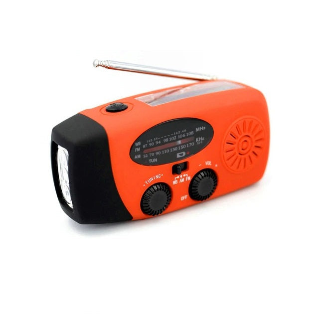 Outdoor electronics: Emergency solar radio with hand crank, NOAA weather, and phone charging capability.