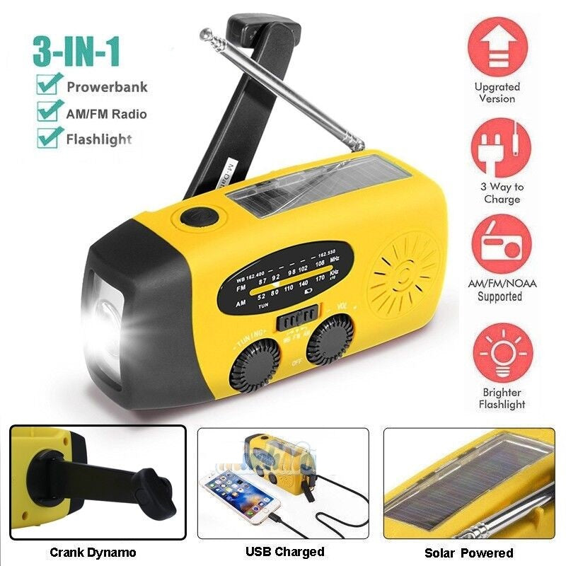 Versatile emergency radio with solar panel, hand crank for power, NOAA weather alerts, and USB output.