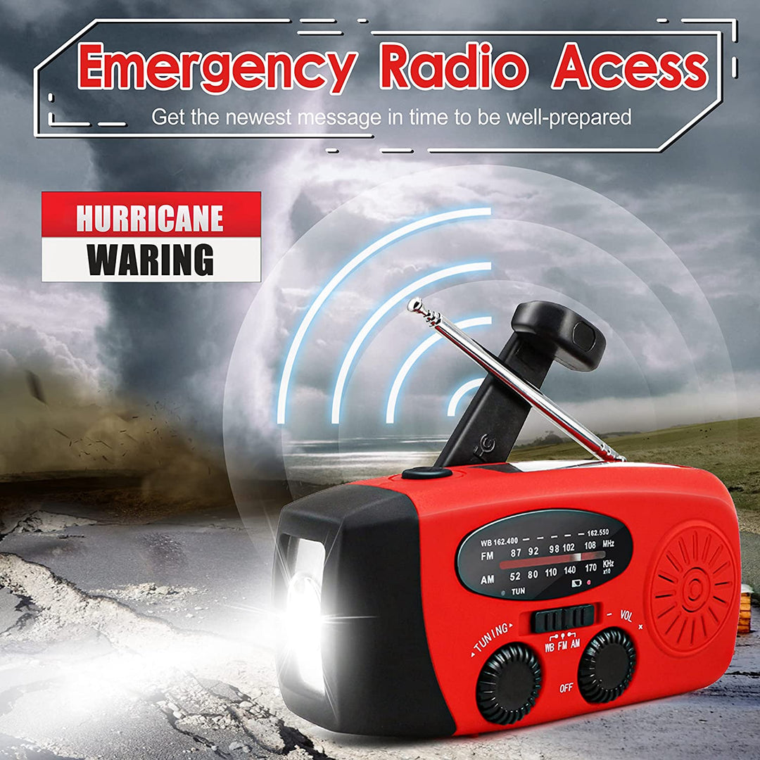 Compact solar hand crank radio, NOAA weather alerts, power bank, and flashlight for outdoor electronics.