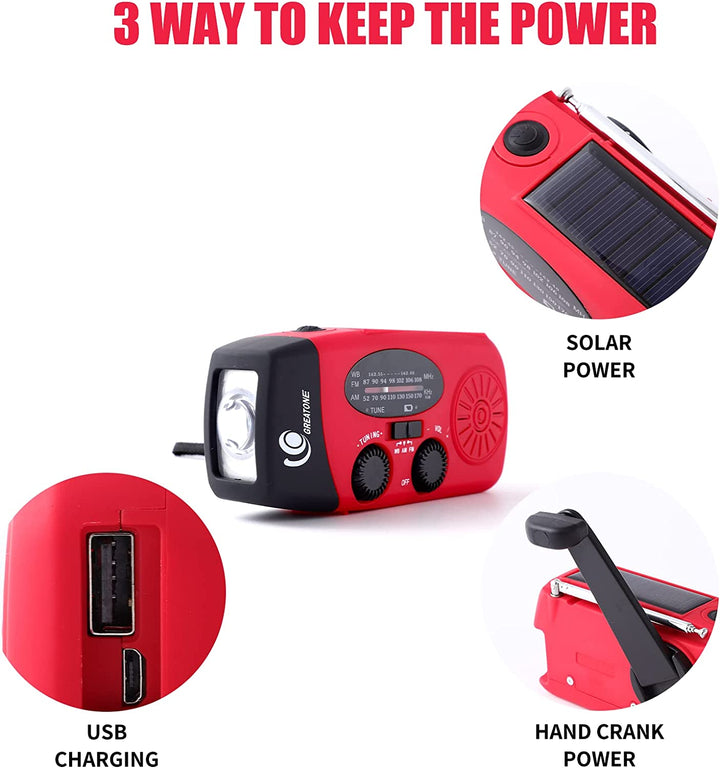 Outdoor electronics: Emergency radio with solar charging, hand crank, weather alerts, power bank feature.