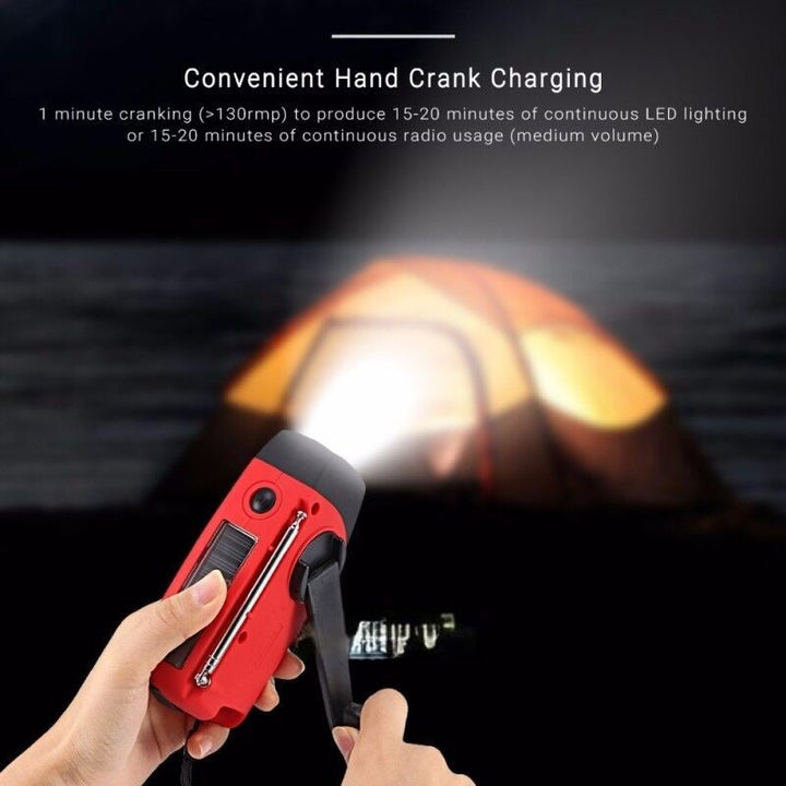 Robust emergency radio with solar panel, manual crank, NOAA weather alerts, essential survival gear.