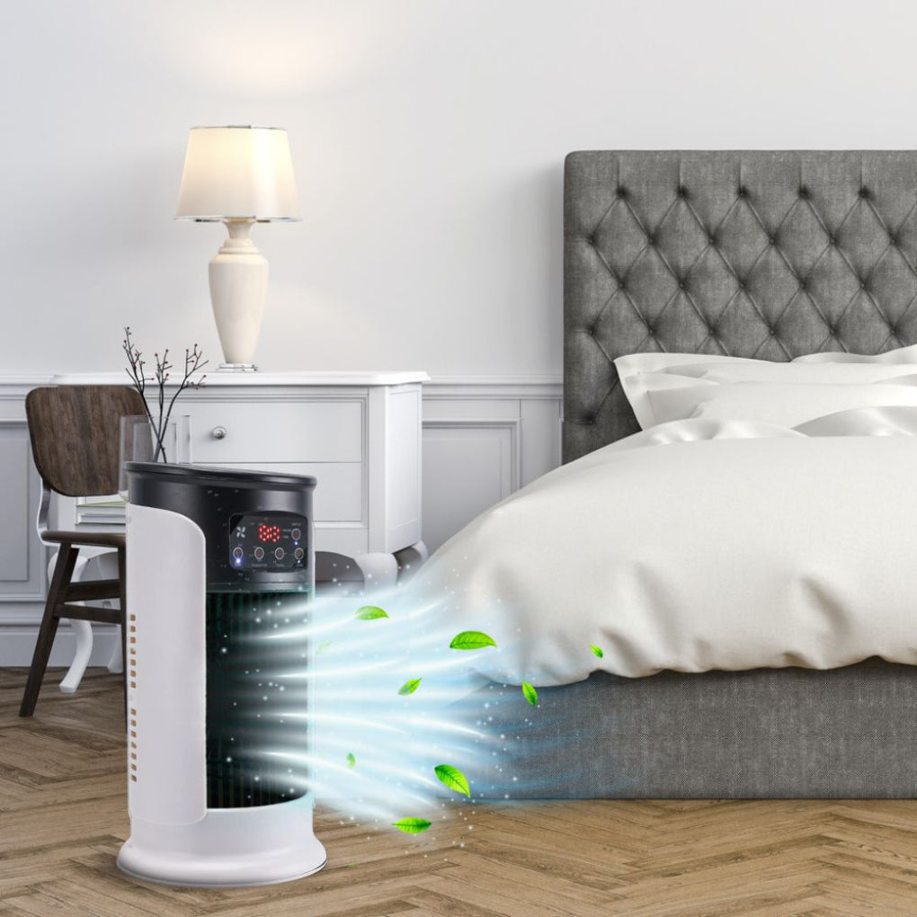 Freestanding mobile evaporative cooler, ideal for personal climate control & small space cooling without a window.