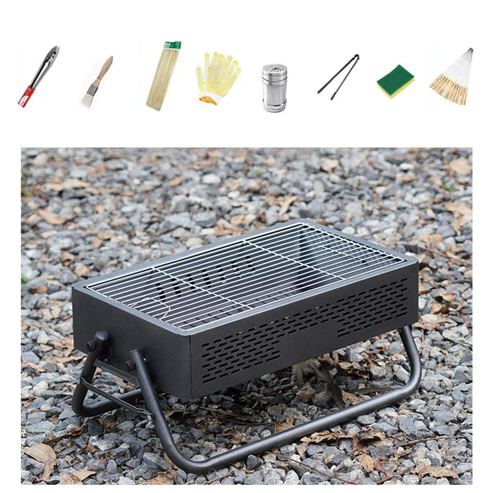 Camping BBQ grill, foldable and compact with essential accessories