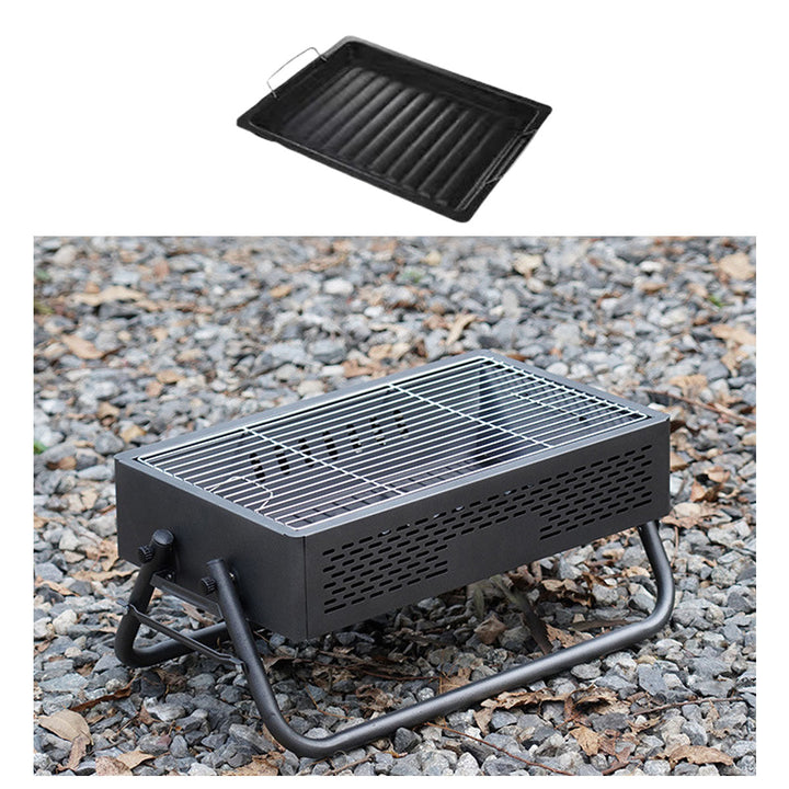 Charcoal camping grill, foldable design with included BBQ tools for ease