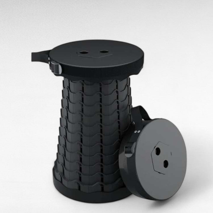 Portable foldable retractable stool, black, for camping & outdoor use, compact & adjustable