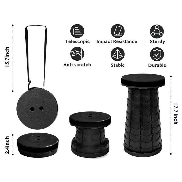 Compact foldable stool in black, perfect for outdoor adventures, lightweight and durable