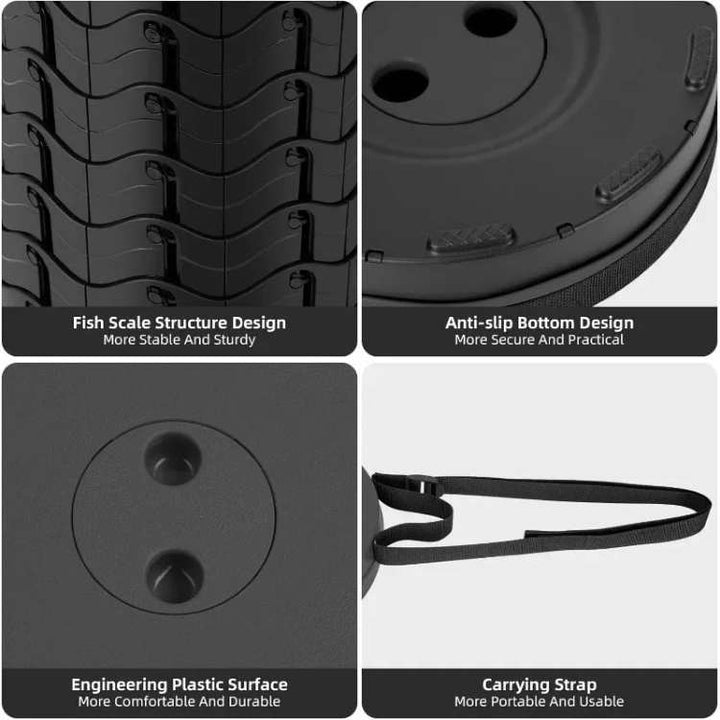 Retractable stool, black, shown folded for portability, compact design for easy storage