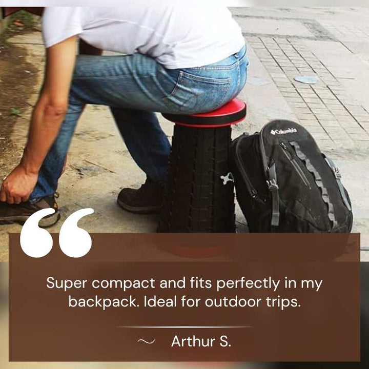 Portable camping stool in black, adjustable height, ergonomic design for comfort