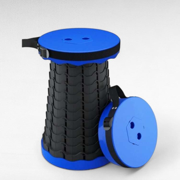 Foldable compact stool for outdoor use, black, with shoulder strap for easy transport