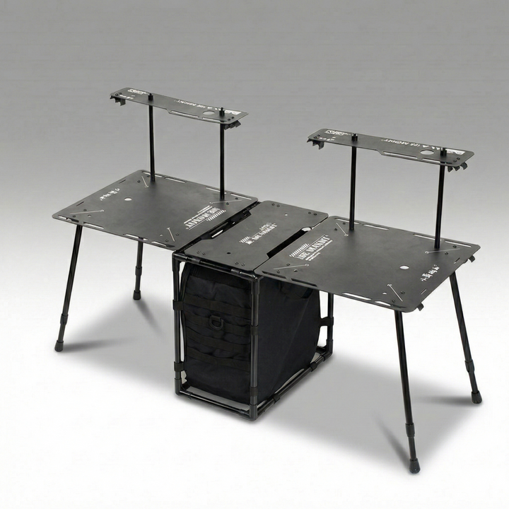 Portable folding camping table with 30L storage bag, ideal for outdoor camping essentials, front view