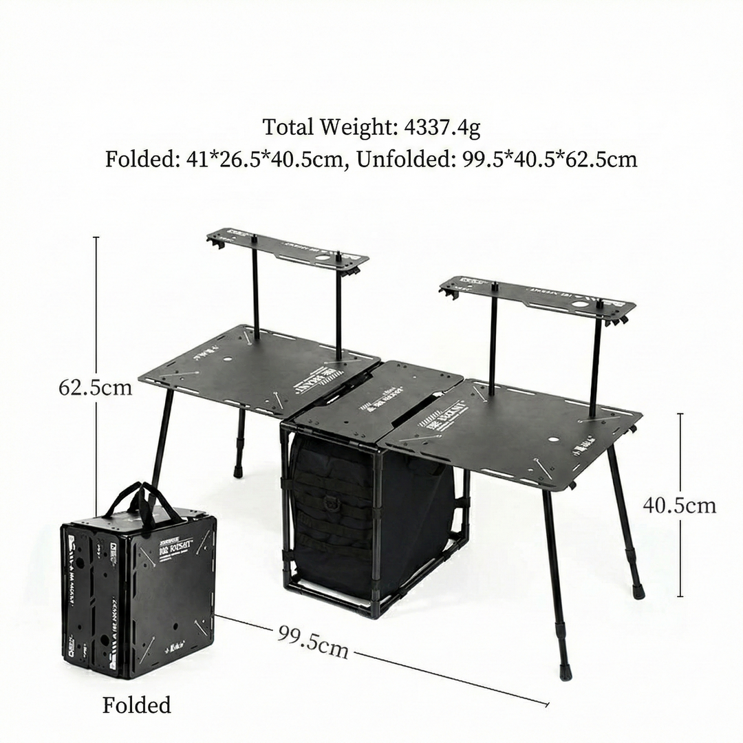 Overhead shot of the portable folding camping table with empty surface, ready for camping use, outdoor gear