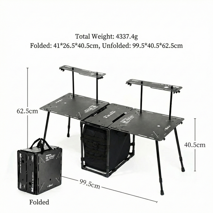 Overhead shot of the portable folding camping table with empty surface, ready for camping use, outdoor gear